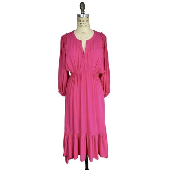 Umgee Women Tiered Midi Dress L Pink Balloon Sleeve Peasant Boho Cottagecore - Picture 1 of 16